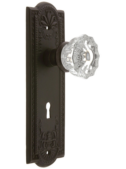 Meadows Style Mortise Lock Set in Oil-Rubbed Bronze with Fluted Crystal Glass Door Knobs.
